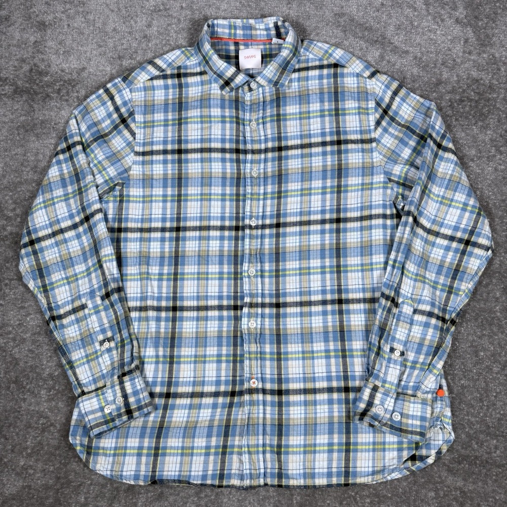 SWIMS Shirt Men's‎ Large Blue Plaid Flannel Long Sleeve Button Up